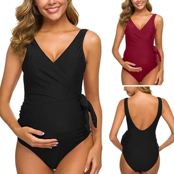 

Pregnant Woman Sexy Swimsuit Maternity Solid Backless Bikinis Belted Ruffle Beachwear New Summer Women One-piece Swimming Suit