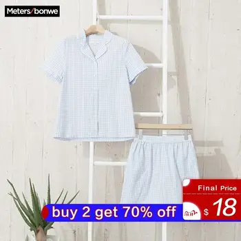 

Metersbonwe Women pajamas set Women Pyjamas lattice Female Cool summer Pajama Set Comfortable short Sleeve shorts Two Piece