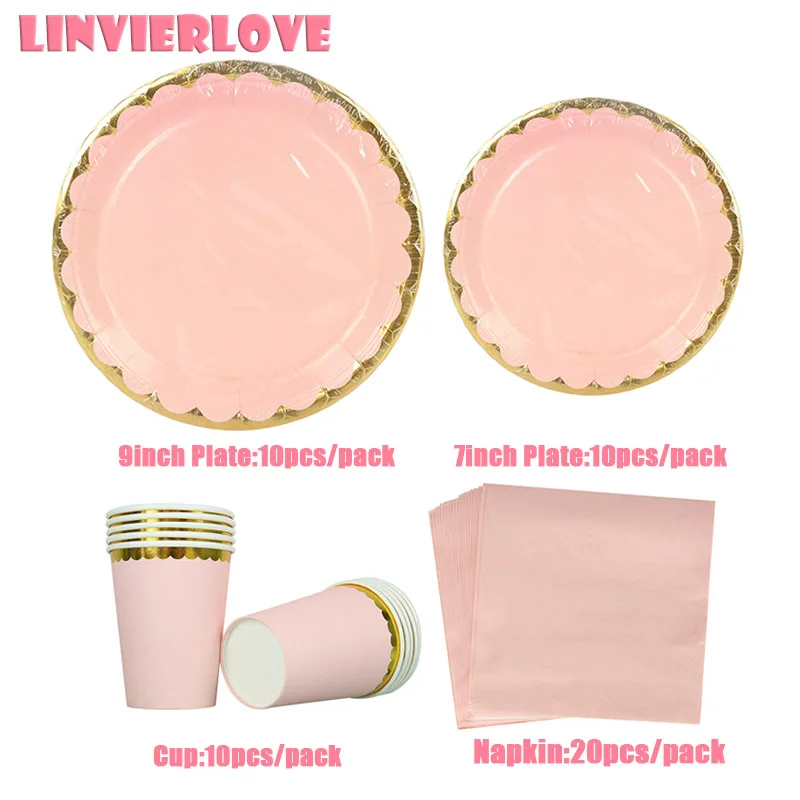 cheap LINVIERLOVE Solid Color Round Disposable Tableware For Happy Birthday Wedding Golden Rim Paper Cup Plate Napkins Party Supplies