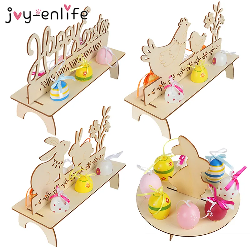 

Wooden Easter Eggs Shelves Stand Easter Party Ornament Chick Rabbit Pattern DIY Eggs Rack Holders Easter Decoration For Home