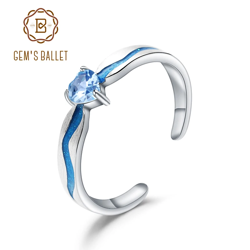

GEM'S BALLET Natural Blue Topaz 925 Sterling Silver HANDMADE Enamel Open Adjustable Couple Rings For Women Elegant Fine Jewelry
