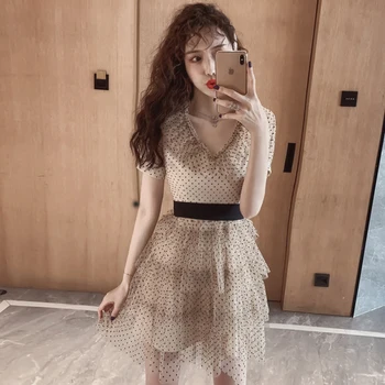 

Fashion women comfortable elegant v-neck dot formal dress new arrival sexy vintage classical summer beach mini a-line dress