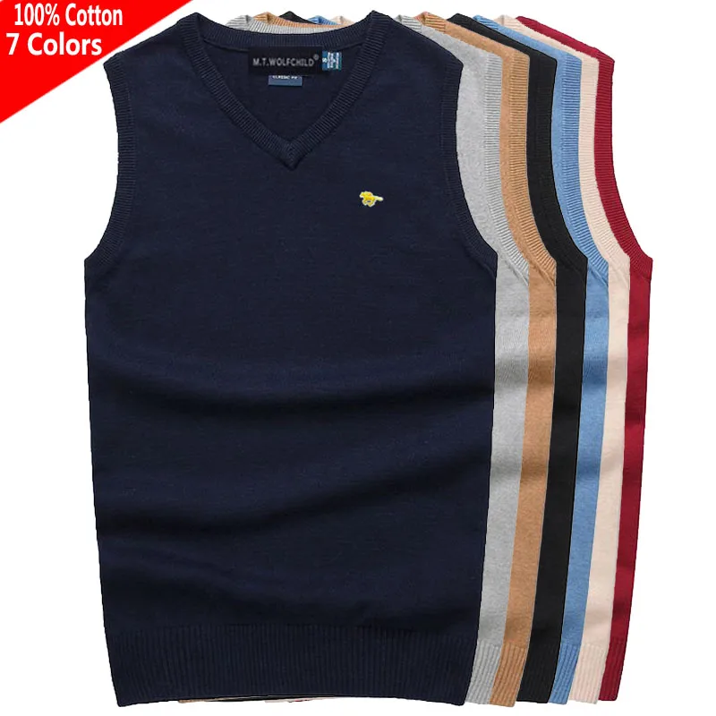 De alta calidad, 100% algodón de primavera y otoño de cuello en V suéteres para hombre de punto chaleco Jersey chaleco sin mangas Casual Moda hombre Tops