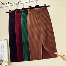 Осенне-зимняя трикотажная длинная юбка, однотонная женская юбка с высокой талией, разделенная облегающая Элегантная Дамская тонкая трикотажная одношаговая юбка