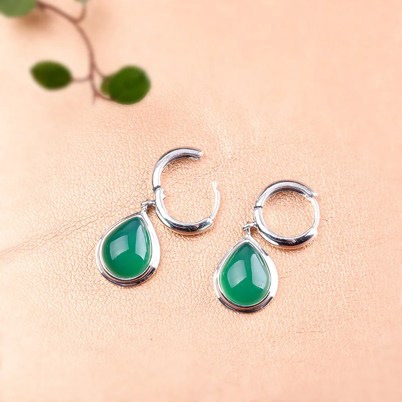 100% 925 Sterling Silver retro Feng Shui drop shaped green jade earrings