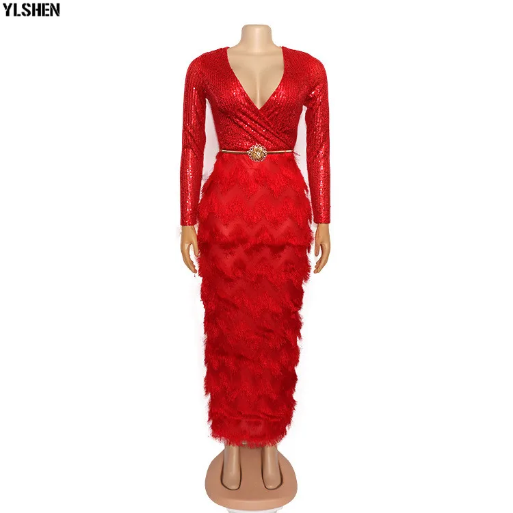New African Dresses for Women Fashion Sequins Fur Fabric Bodycon Long Maxi Dress African Clothes Lady Elegant Paty Evening Robe 03