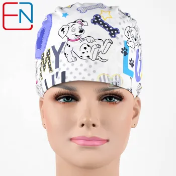 

Hennar Women Print Scrub Caps Mask White Cartoon Puppy 100% Cotton Adjustable Hats Masks
