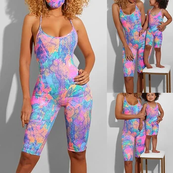 

Women's Tie-Dye Printed Jumpsuit Casual Parent-Child Matching Set Spaghetti Straps Outfit With Mask Sexy Bodycon Rompers Catsuit