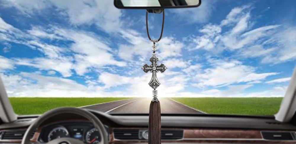 Chapelet De Voiture Pour Rétroviseur Pendentif Croix Auto Décors Accessoires Suspendus Femmes Hommes 2 Pcs Perles De Chapelet Catholiques Rouges Métal
