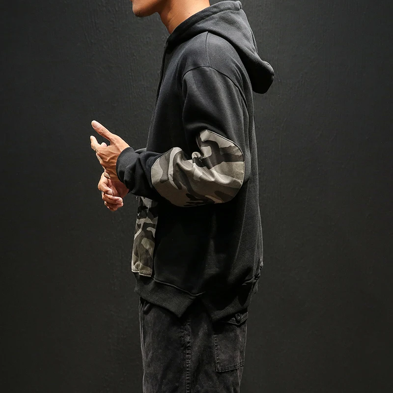 Harajuku Large Sizes Man Hoodies Camouflage Patchwork Men's Sweatshirts Pocket Black Gray Men Hooded Sweatshirts
