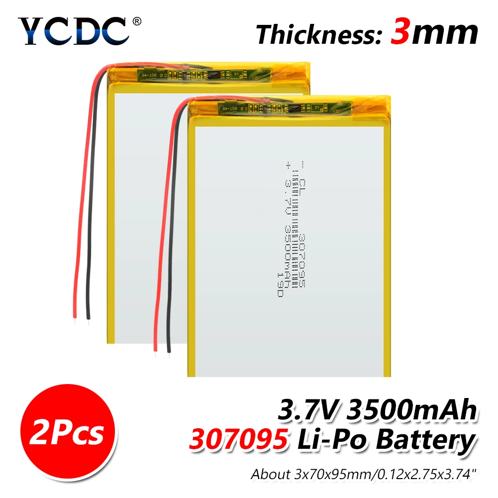 2 PCS 307095 smart home MP3 speakers Polymer battery 3500 mah 3.7 V Li-ion battery for dvr,GPS,mp3,mp4,DVD power bank,speaker - Цвет: 2 PCS
