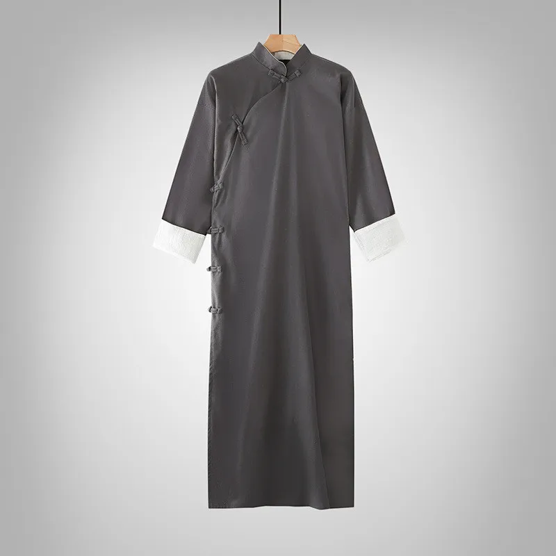 Chinese Style Traditional Hanfu Long Robes Half Sleeve Buckle Cotton Linen Tops Man Jacket Shirt Kung Fu Uniforms Tang Suit