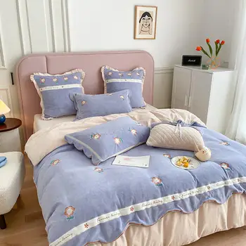 

Milk Velvet Bedding Set Embroidery Duvet cover set Long-staple cotton Pillowcases Queen King Size Bed Bed Linen 4pcs 2020 new