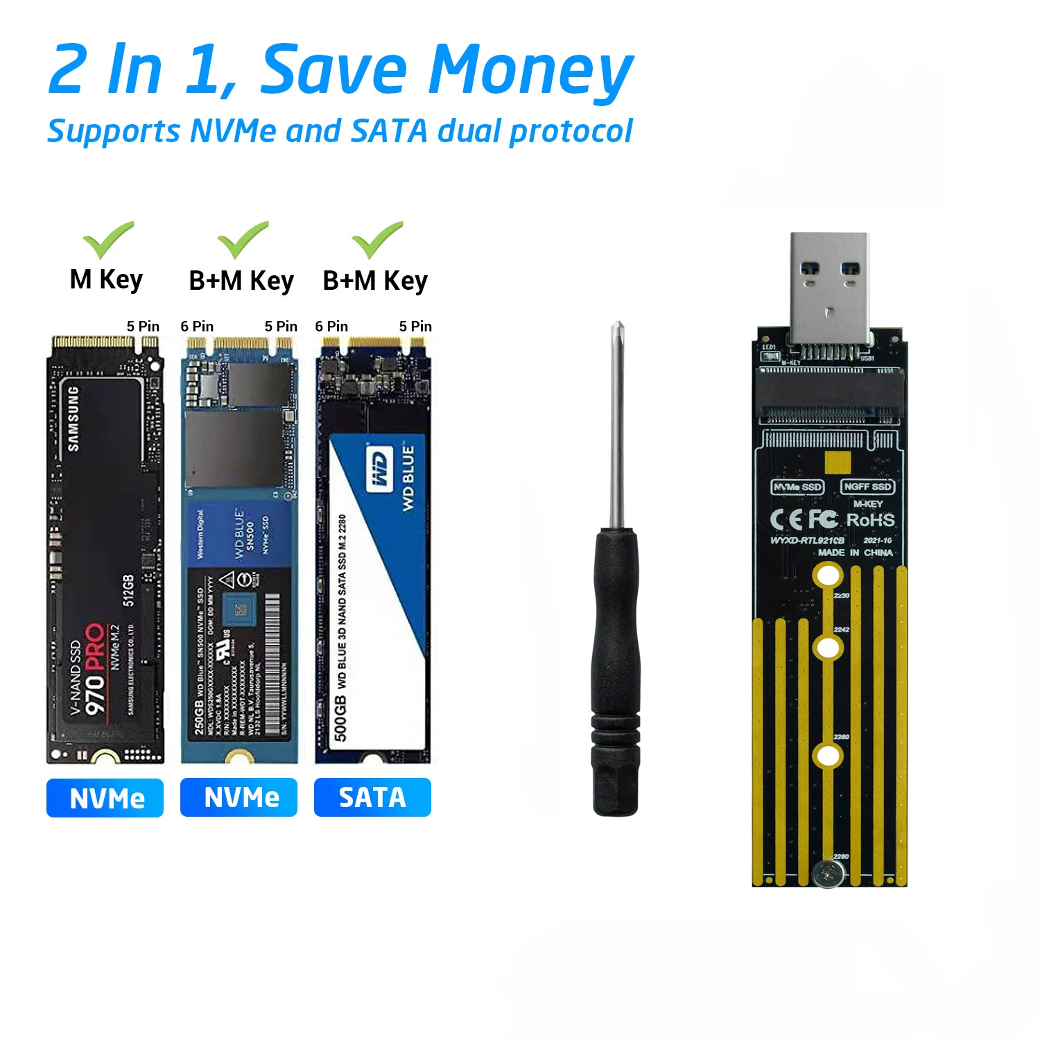 Чехол с адаптером M.2 на USB 3 1 SSD двойной протокол NVME PCIe NGFF SATA M2 для 2230 2242 2260 2280 NVMe/SATA |