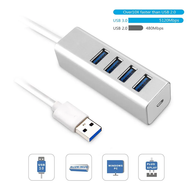 USB 3,0 концентратор с 4 портами, алюминиевый портативный OTG концентратор, usb-разветвитель для Macbook, ноутбука, ПК, планшета, компьютера, аксессуары