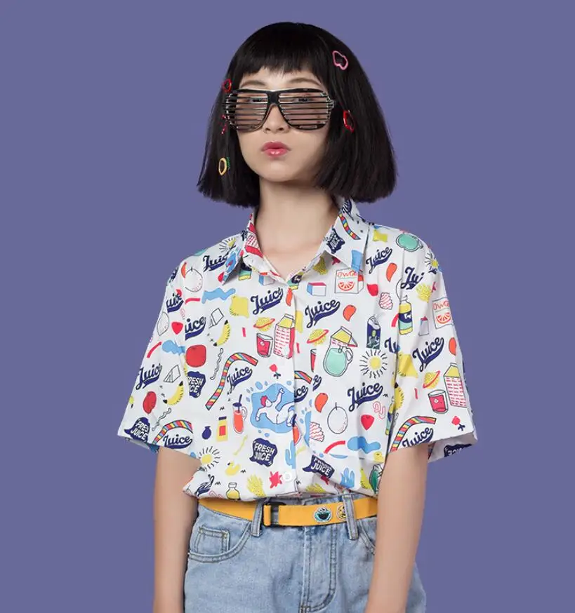 Многоцветный Summer New Harajuku BF Style Women Cartoon Print Turn Down Collar Short Sleeve Shirt - Цвет: Многоцветный