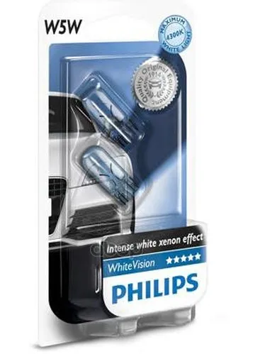 Комплект Ламп Накаливания Блистер 2 Шт W5w 12v 5w W2.1x9.5d Whitevision Philips арт. 12961NBVB2