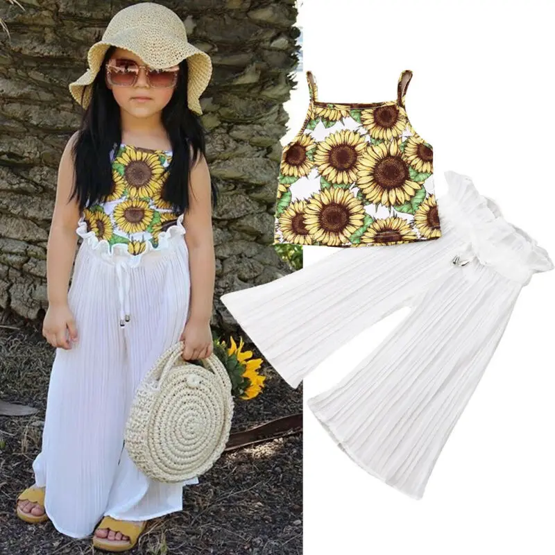 Kids Girl Sunflower Clothes Summer White Loose Wide Leg Trousers Sleeveless Suspender Crop Top Outfit 2 Piece Sunsuits | Детская одежда