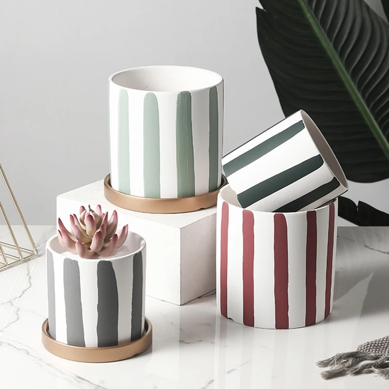 

Home Garden Nordic INS Art Striped Ceramic Flower Pot Round Light Luxury Simple Green Potted Home Golden Decoration