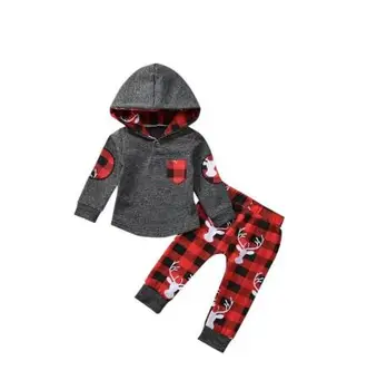 

2PCS Kid Baby Boys Girls Clothes Christmas Elk Toddler Baby Clothes Hood Top Plaid Pants Outfit
