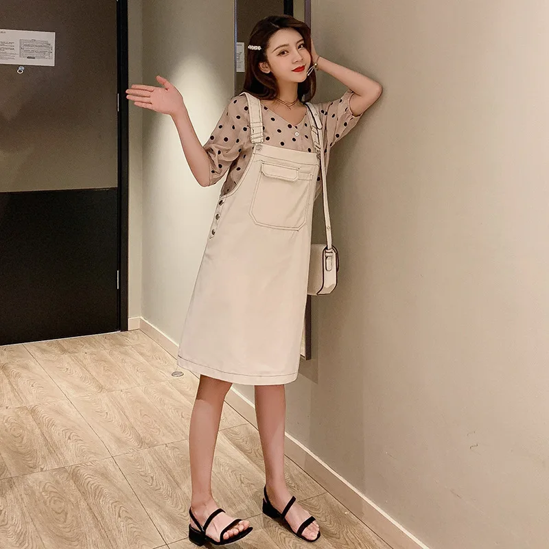 

Sweet Polka Dot V-neck Puff Sleeve Cardigan Tops + Classic Style Cowboy Strap Dress Set