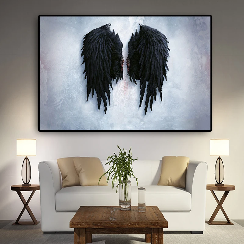 Черный и белый мощный перо Крылья холст живопись скандинавские плакаты и принты скандинавские настенные картины для гостиной