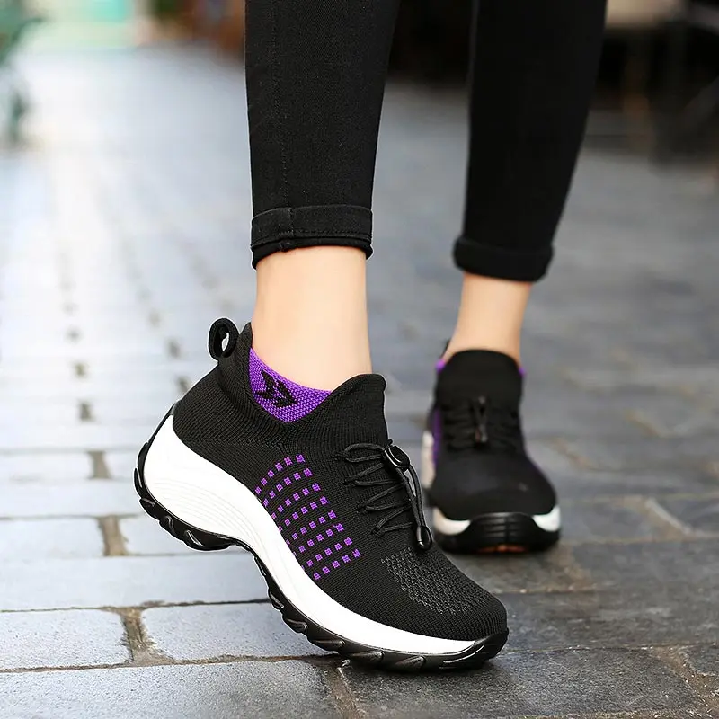 black-purple Кроссовки размера плюс, женская обувь, спортивные кроссовки на платформе, спортивная женская обувь на толстой подошве, высокие женские кроссовки для бега, синие A-414 - Цвет: black-purple