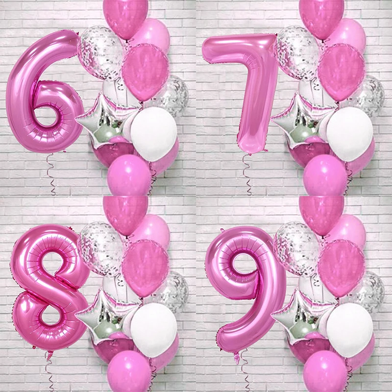 12pcs Pink Number Foil Balloon Birthday Party Decoration Latex Balloons Kids Baby Girl 1 2 3 4 5 6 7 8 9 Years Old 1st Birthday