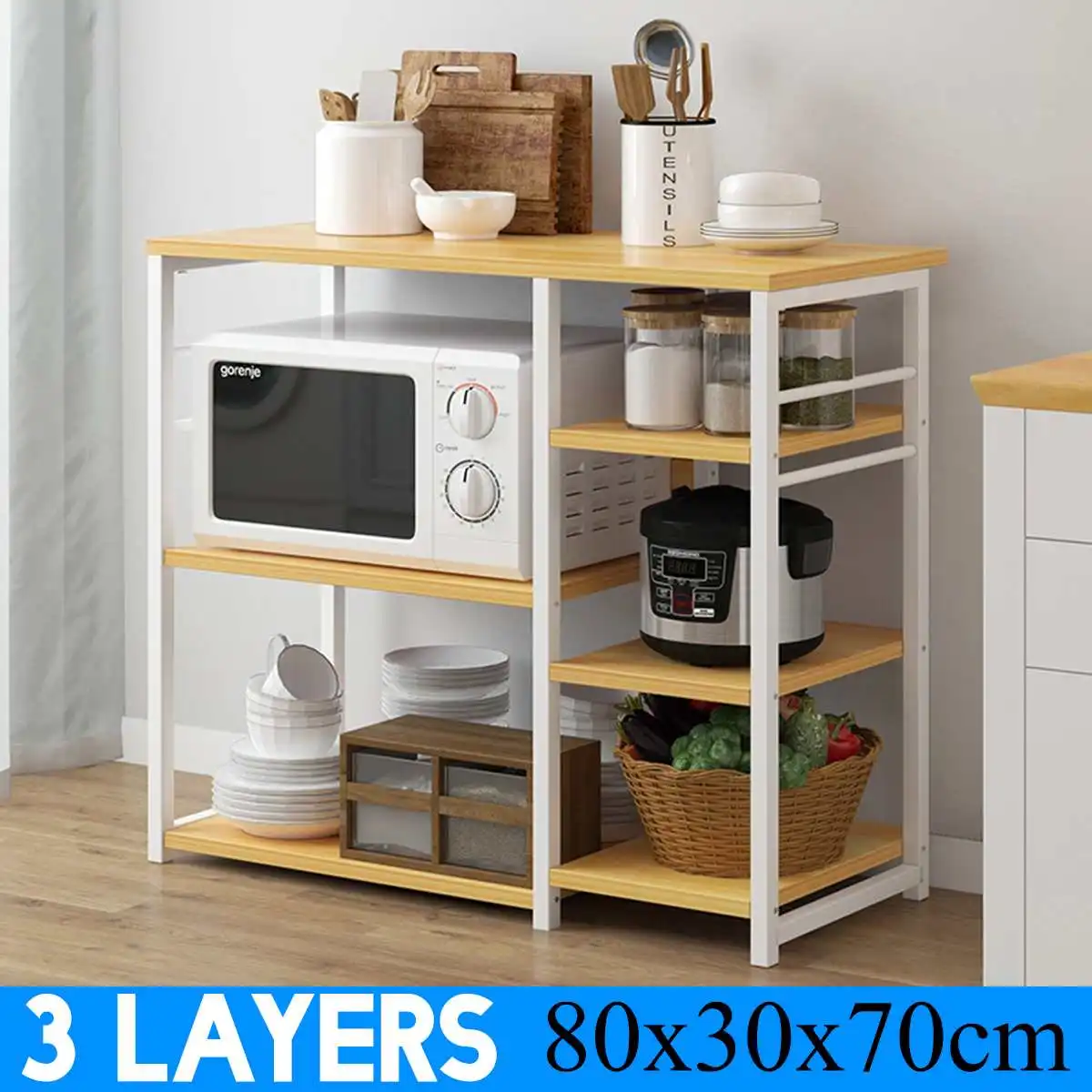 

Handmade Wooden +Steel Multifunctional Microwave Oven Shelf Organizers Rack Standing Shelf 3 Layers Kitchen Storage Holders
