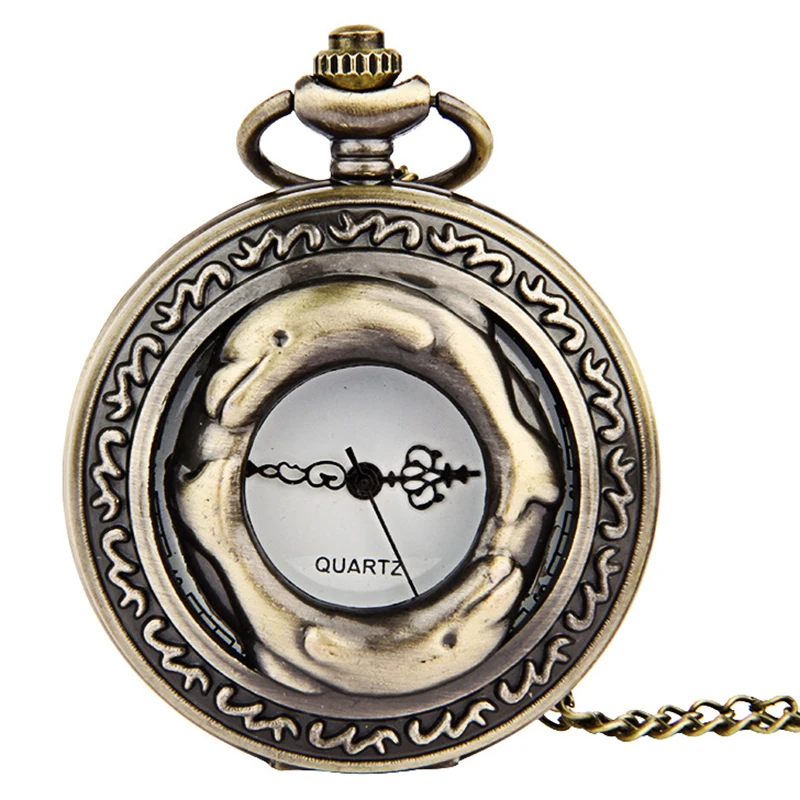 

Large bronze lace openwork double dolphin head and tail connected pocket watch issued retro pocket watch