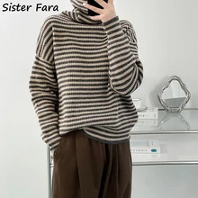 

Sister Fara Autumn Winter Turtleneck Striped Knit Sweater Women's Loose Warm Knitting Sweaters Ladies Casual Pullover Sweater
