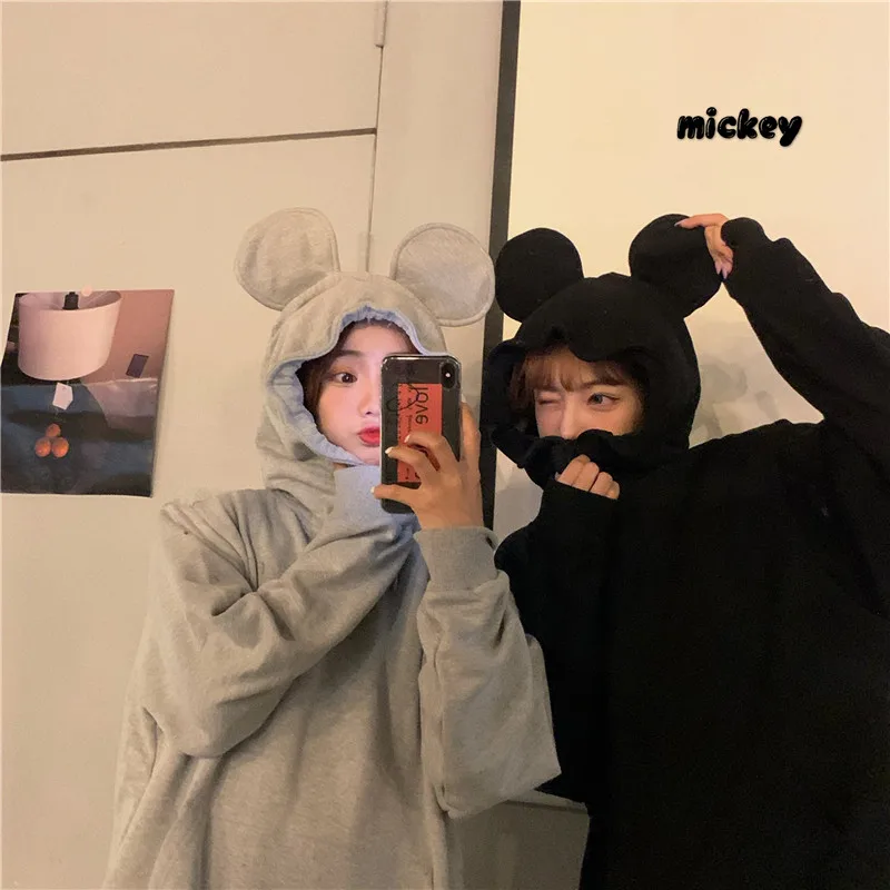 

Korean Autumn Winter New Sweatshirt Cute Cartoon Mouse Ear Oversized Hoodies Pullover Loose Lazy BF Style Full Sleeve Sweatshirt