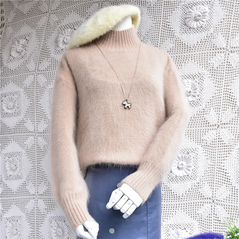 

Female thick warm oversized loose angora rabbit knitting wool turtleneck long sleeves basic pullover blouses knitwear sweater