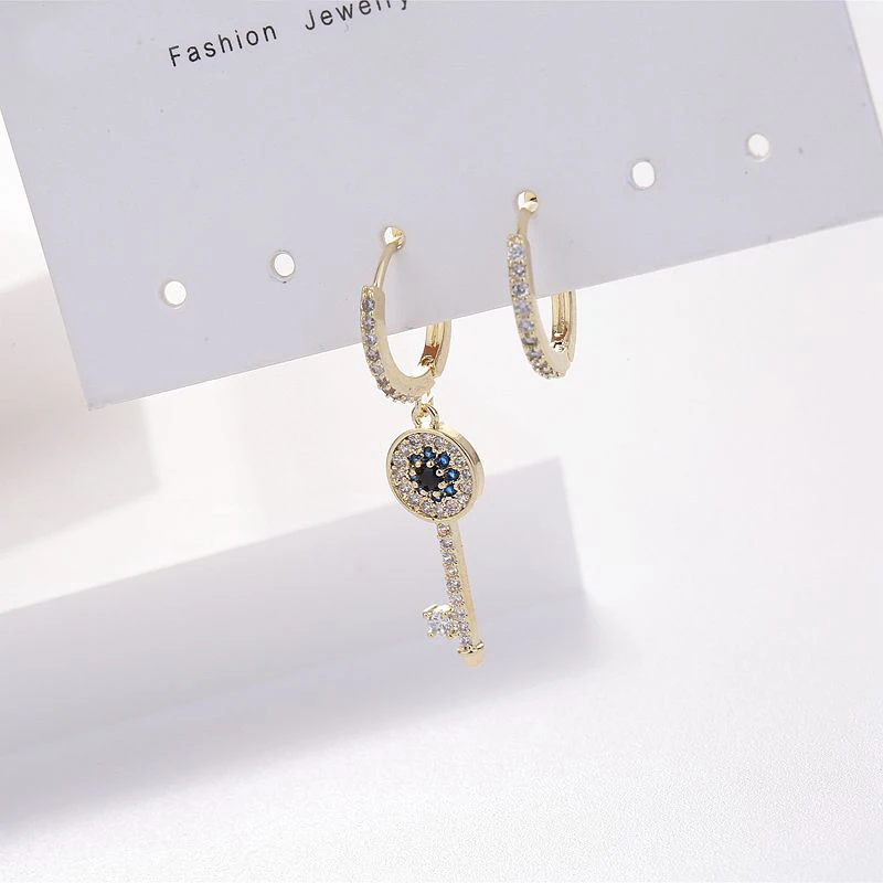 

High-end Turkish Blue Evil Eye Key Earrings for Women AB Style Gold Color Cubic Zircon Dangle Earrings Jewelry