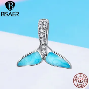 

BISAER 925 Sterling Silver Blue Enamel Clear CZ Mermaid Pendant Charms for Charm Bracelet and Necklace Fashion Jewelry GXC1067