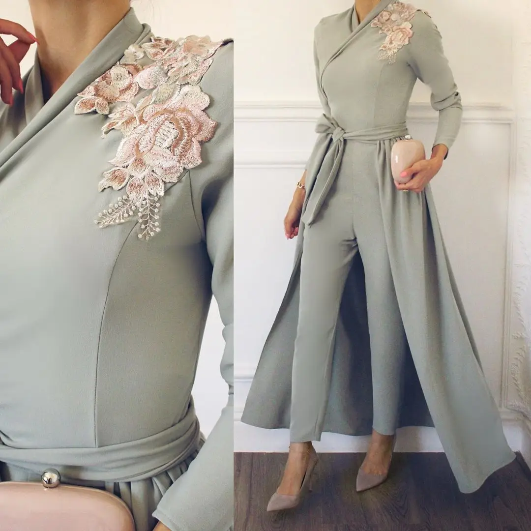 color as picture Длинные рукава мусульманские Вечерние платья vestidos de gala аппликации атласа А-силуэта брюки платье для выпускного вечера Формальные Вечерние платья - Цвет: color as picture