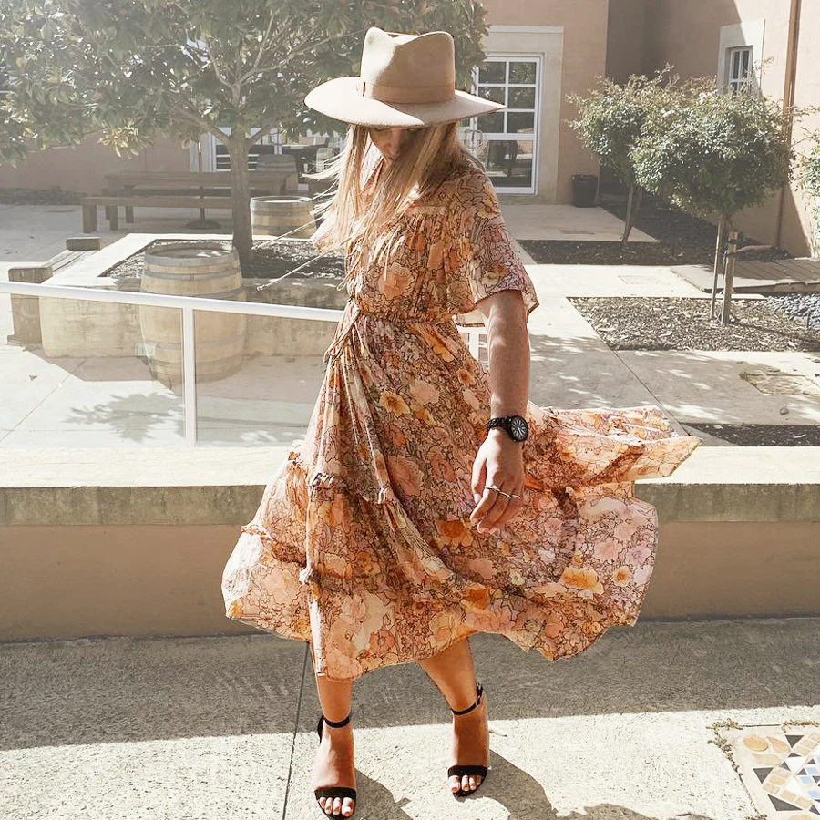 AYUALIN short flare sleeve midi Dresses for women floral print Gypsy summer rufles Elastic waist Dress Bohemian vestidos | Женская