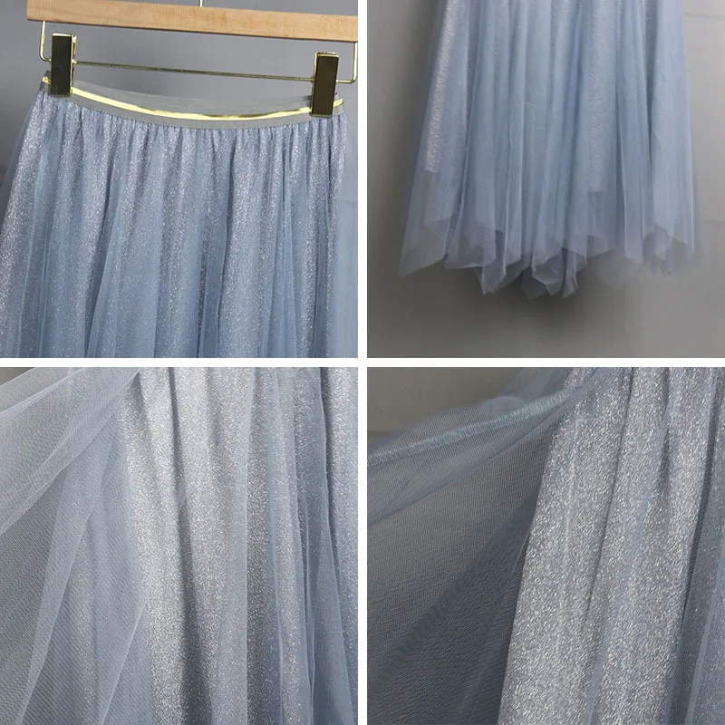 

[Attachment] Liangliang Mesh Dress Tutu 2019 Summer Mid-length Gold Lines Elastic Waist Pleated Gauze Skirt 2121