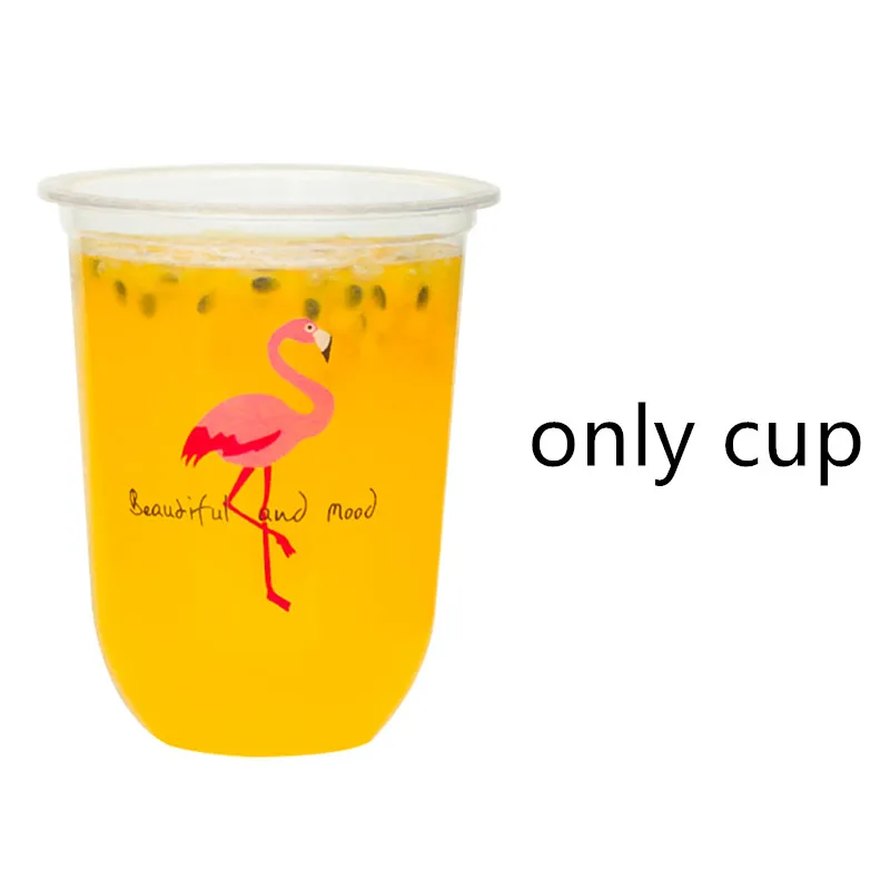 only cup 50 шт прозрачная Одноразовая Пластиковая Чашка 500 мл кофе напиток на вынос упаковка чашка вечерние подарки на день рождения термосы с изображением фламинго с крышкой - Цвет: only cup