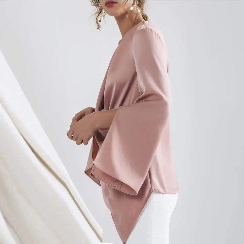 AIMENUNU Womens Shirt Blouse V Neck Flare Long Sleeve Split Irregular Tops Female Autumn Sexy Fashion Clothes New