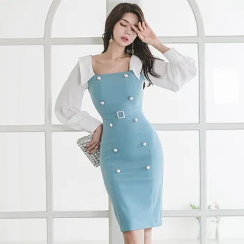 

Blue Sexy Dresses Elegant Square Collar Double-breasted Slim Waist Women Dress Sheath Full Sleeve Female Pencil Dress St185