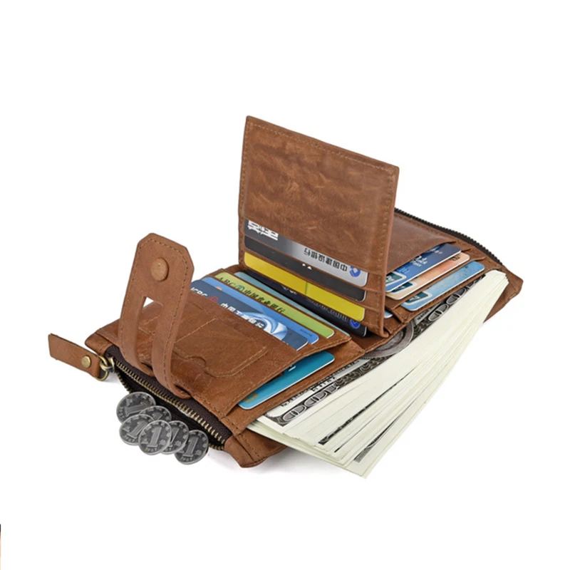 MAHEU RFID Leather Short Purse 2 Folds Double Zipper Short Wallet Men Women Multifunction Leather Purse Wallet Small Male Female
