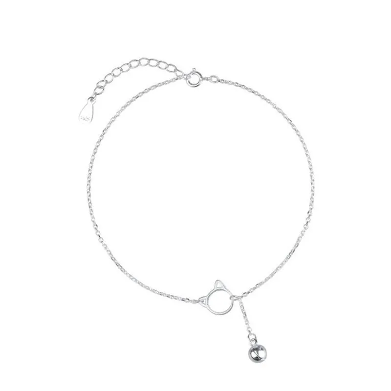 Cute Cat Bell Anklets for Girl 925 Silver Bracelet Female Accessories