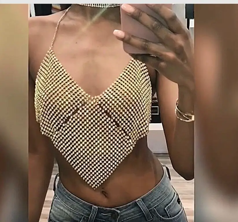

Sexy Rhinestone Backless Party Crop Top Women 2020 Summer Deep V Neck Night Club Beach Diamonds Metal Mesh Tank Tops