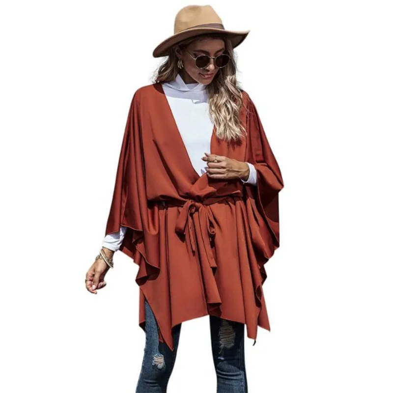 

2020 Autumn New European Style Women's Coat Loose Bat Sleeve Cardigan Lace-up Caped Coat