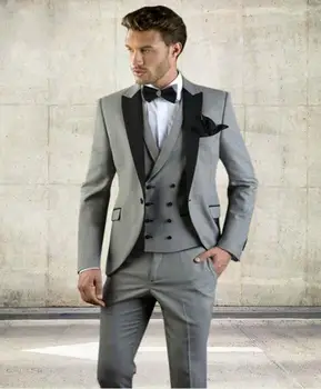

Men's Slim Fit Suit Gray Business Suits Sets 3 Piece Jacket Vest Pants Formal Wedding Blazer One Button Grooms Tuxedo Custom New