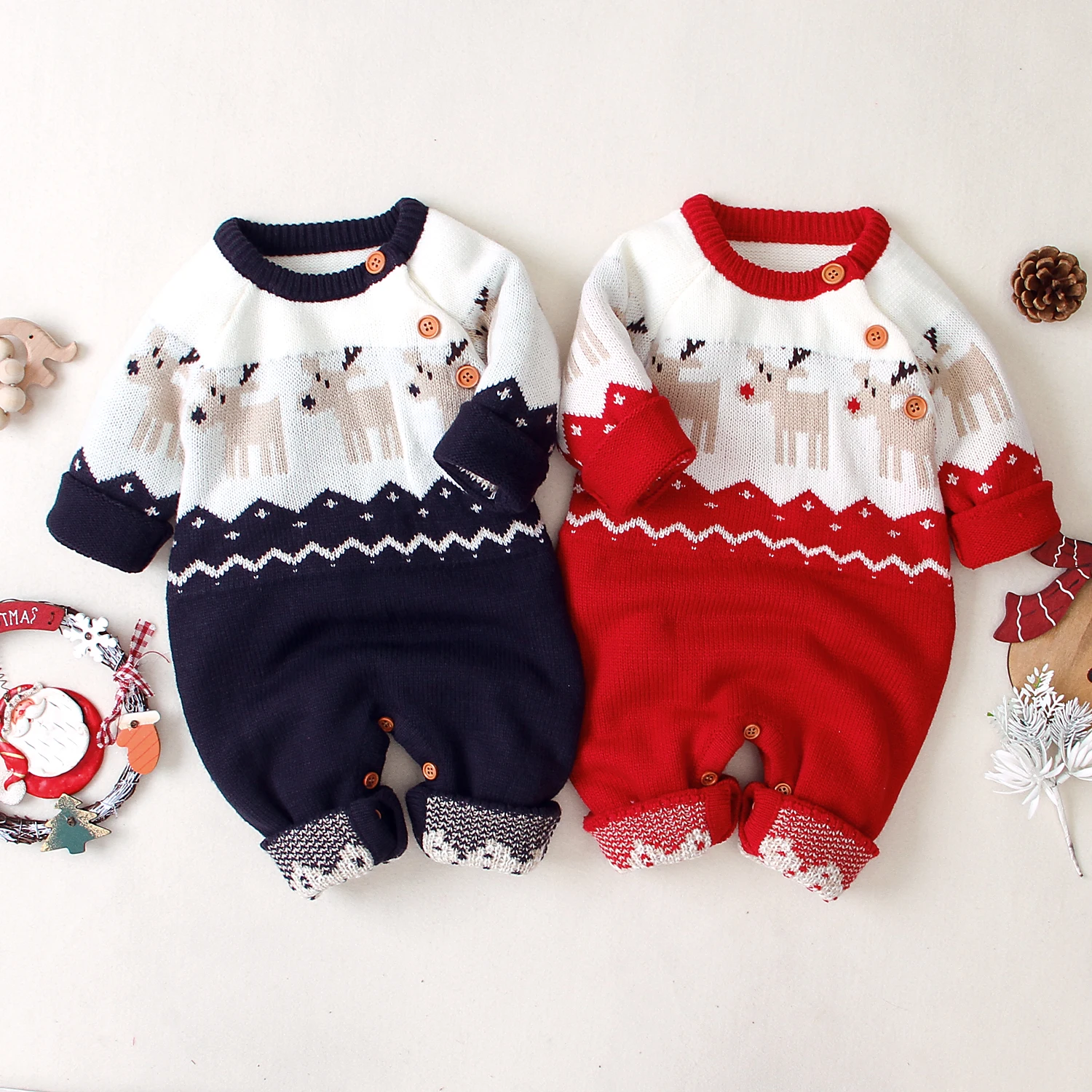 

Infant Christmas Romper Babies Long Sleeve Elk Printed Pattern Round Collar Jumpsuit Autumn for Boys and Girls Red/ Dark Blue