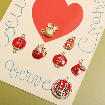 

Red New Year Year of the Rat Mickey Red Envelope Lucky Lantern Alloy Pendant DIY Handmade Jewelry Earrings Material 2 pieces