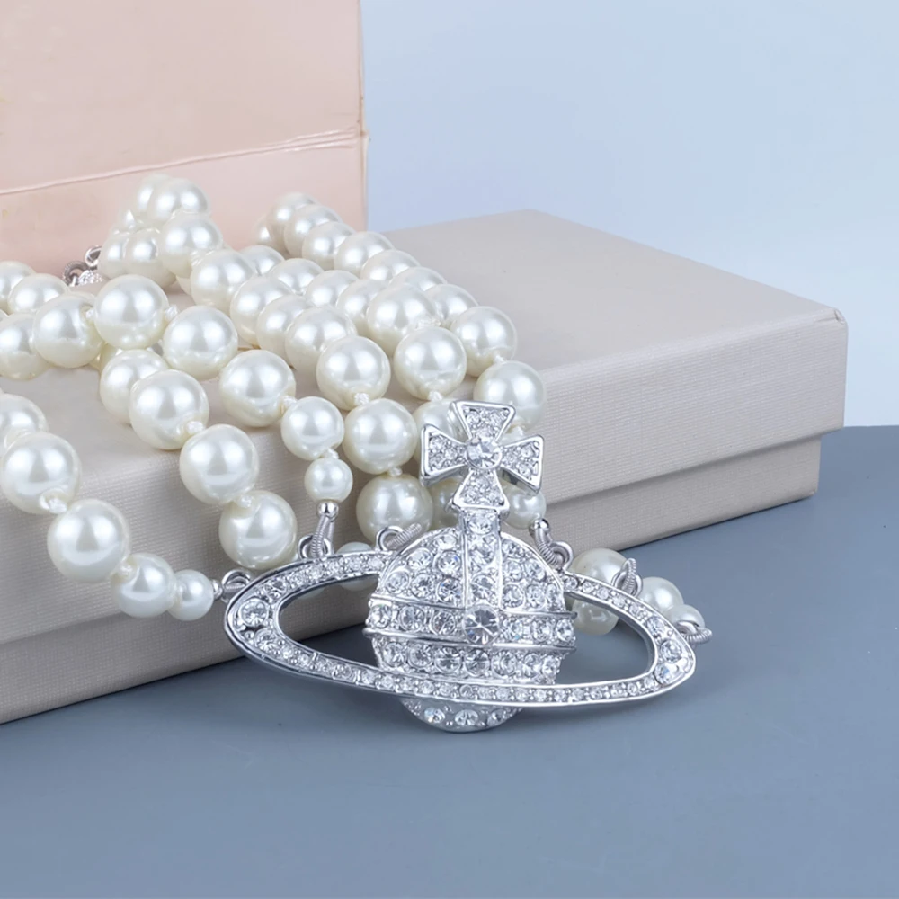 XIAOJINGLING великолепные диамантовая кристальная 3 слоя имитация жемчуга планета Сатурн колье воротник Цепочки и ожерелья Для женщин ювелирное изделие для невесты, свадьбы