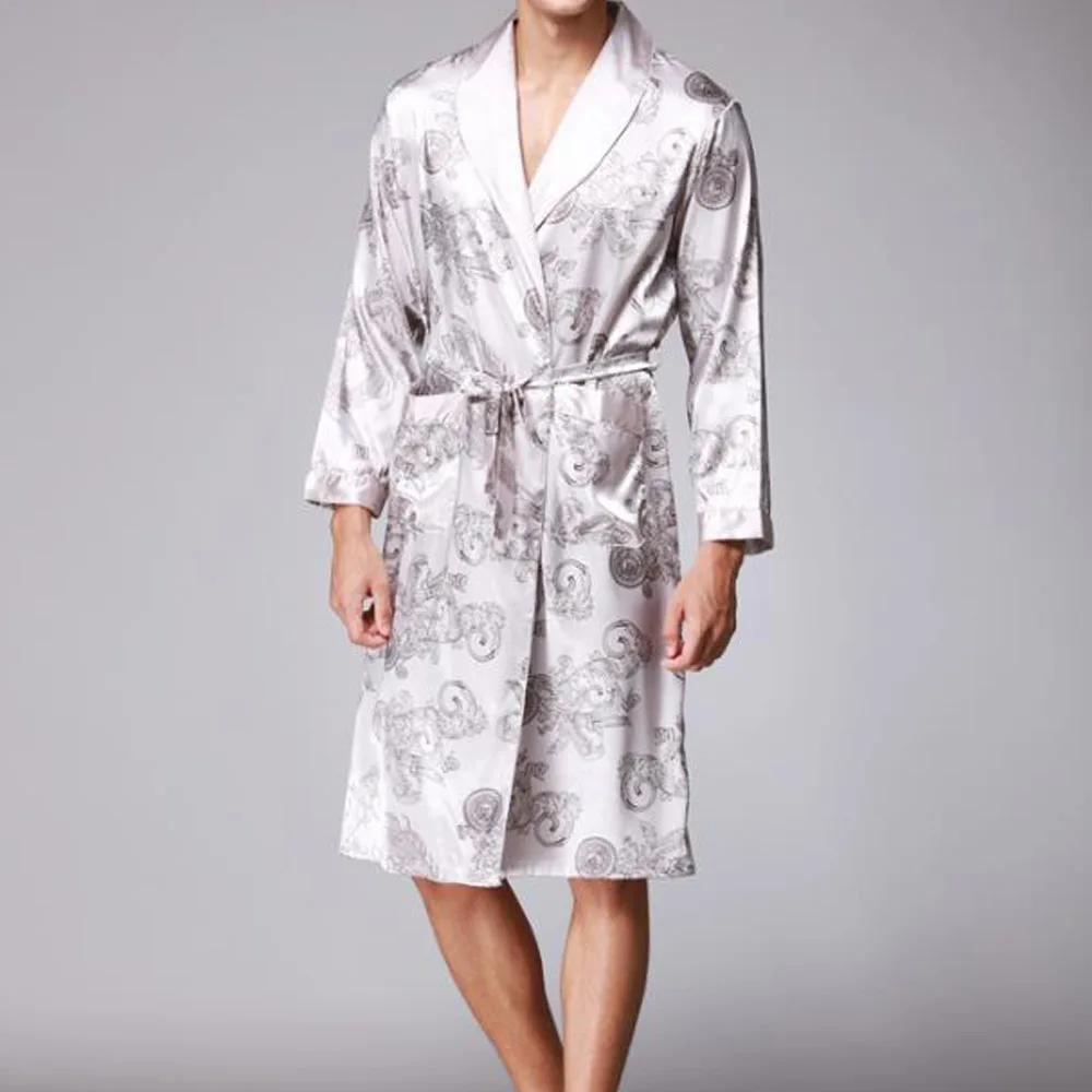 Mens Robe Plus Size Mens Bathrobe Silk Kimono Long Sleeve Robes Dressing Gown Print Sleepwear Satin Pajamas Men Night Gown Peignoir Homme - Цвет: Mens Robe